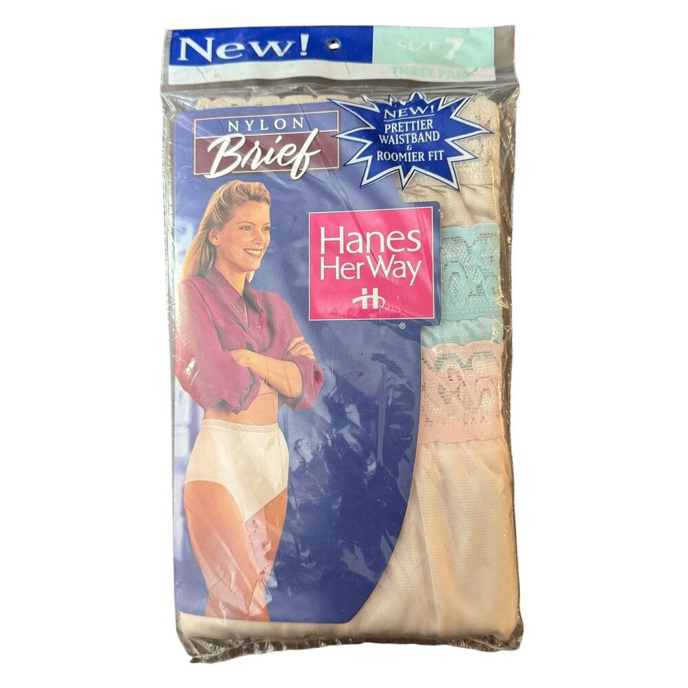 VTG Y2K Hanes Her Way Sz 7 Nylon Brief Granny Lace Trim Panty NOS 3pk Colors
